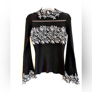 VENUS Black and White Embellished Long Sleeve Blouse